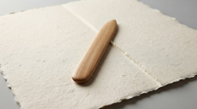 Handmade paper sheet with wooden paper folder tool for bookbinding and craft projects