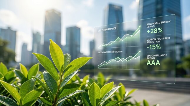 Bright green leaves in foreground with a floating digital holographic display showing e s g performance data and financial growth charts against a blurred urban skyscraper background under sunlight