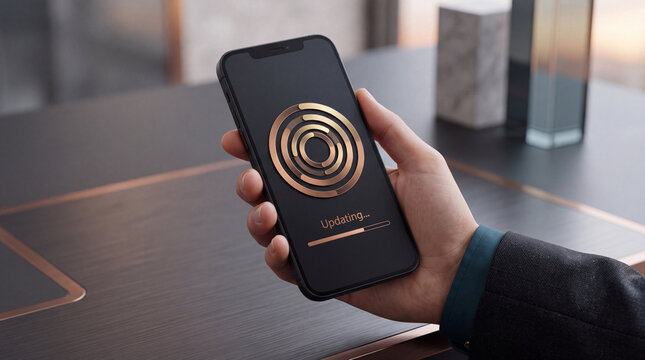Close-up of a hand holding a modern generic smartphone displaying a system software update progress bar and abstract circular logo on the screen in a professional and clean office environment.