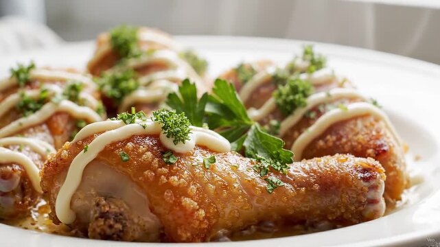 Close up of crispy fried chicken drumsticks drizzled with white sauce and garnished with parsley on a white plate
