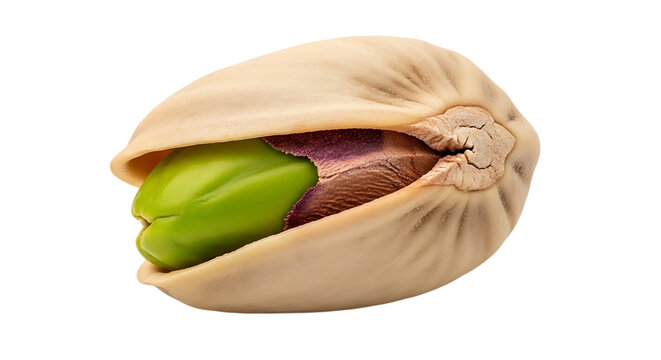 Whole pistachio nut with green leaf and partially opened shell showing seed isolated on transparent background