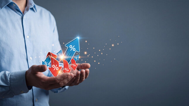 Businessman Holding Upward and Downward Arrows with Percentage Symbols, Representing Interest Rate Fluctuations, Economic Inflation, Financial Market Volatility, and Banking Investment Strategies