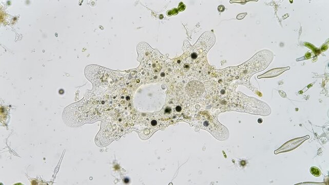 Microscopic view of Amoeba proteus, a single-celled organism with pseudopodia, showing internal vacuoles under a light microscope