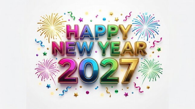 Colorful metallic foil balloons spelling happy new year 2027 with festive fireworks and confetti on a white background for holiday celebration