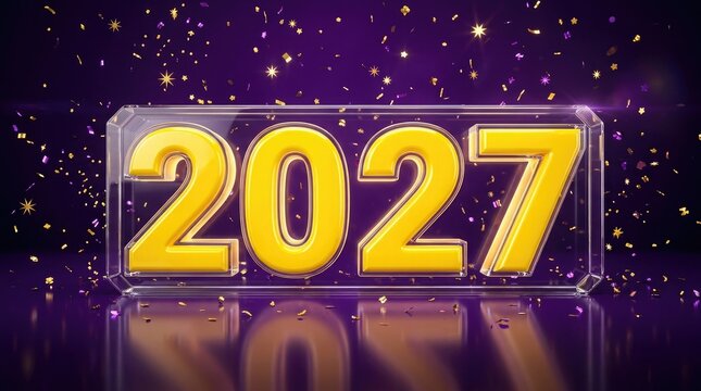 Golden 2027 numbers on a glowing purple background with sparkling lights for a festive new year celebration design concept