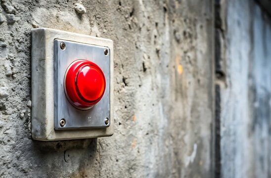 Bright Red Emergency Push Button Mounted on a Weathered Concrete Wall Background