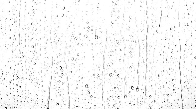 Water droplets trickle down a glass surface leaving vertical streaks and rounded beads as isolated PNG with transparent background