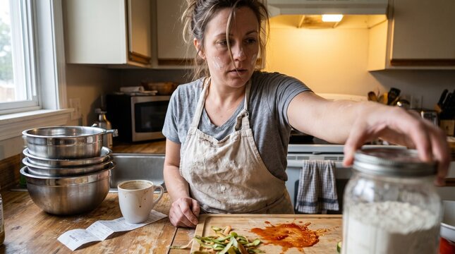 Stressed woman reaching for flour in a messy kitchen while baking