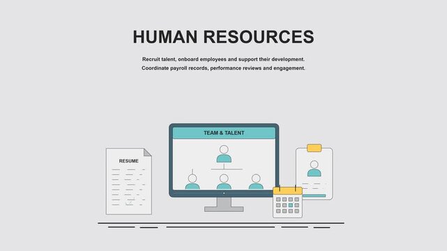 Recruit talent, onboard employees and support their development. Coordinate payroll records, performance reviews and engagement. Animated objects represent recruitment, onboarding, employee records