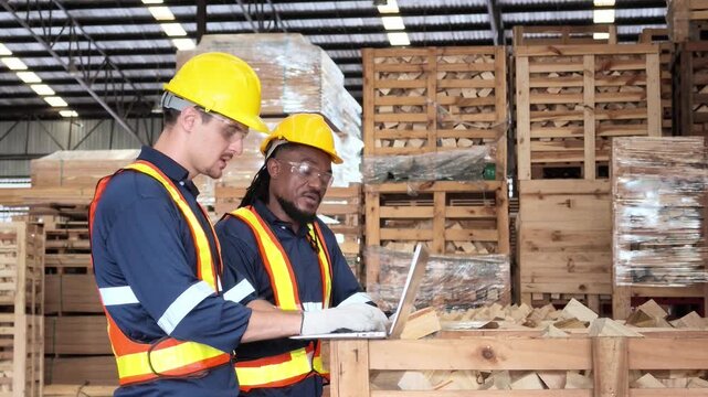 Two industrial workers in safety gear review information on a laptop inside a busy wood pallet manufacturing facility surrounded by timber and stacked pallets.