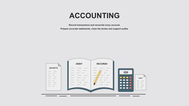 Record transactions and reconcile every account. Prepare accurate statements, close the books and support audits. Animated objects represent bookkeeping, accounts payable, accounts receivable