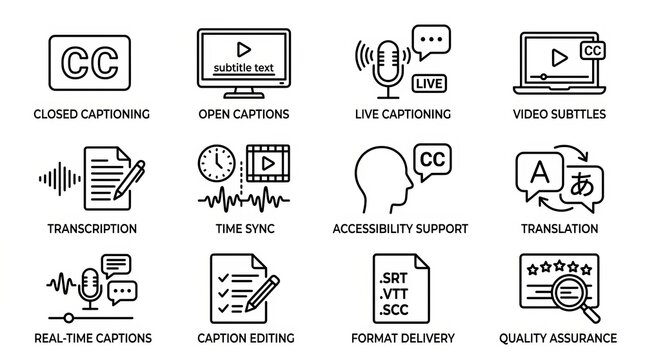 Illustrated icons for video accessibility and captioning services.