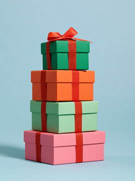 Colorful stack of gift boxes showcasing vibrant designs and playful charm Generative AI