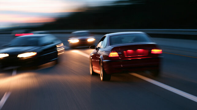 Speeding cars in twilight create a dynamic scene on the road Generative AI
