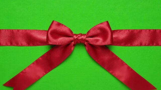 Red satin ribbon bow arranged across three stages on a green background, chroma key, showing gift wrapping, holiday decoration, and festive presentation.