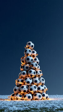 Creative holiday spirit shines with a tall stack of footballs designed as a Christmas tree Generative AI