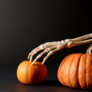 Bony skeleton hand reaching for a small orange pumpkin in a spooky setting Generative AI