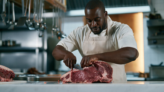 Skilled butcher expertly preparing meat at a bustling kitchen counter during daytime Generative AI