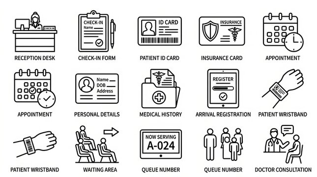 Set of icons representing various patient and medical appointment documents.