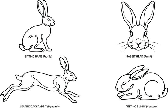 Minimalist continuous one line art rabbit and leaping jackrabbit vector drawing icon set