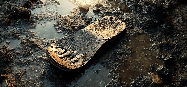 Muddy flip-flop abandoned in a muddy puddle.