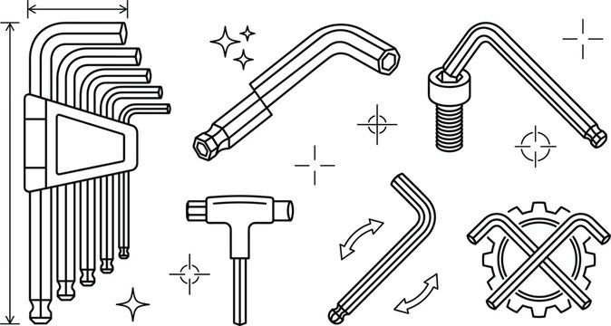 Industrial hex key wrench mechanic tool line art set for repair manual illustrations