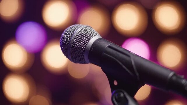 Close up microphone on stage with colorful bokeh lights. Audio performance, singing, broadcasting, entertainment, and public speaking concept.