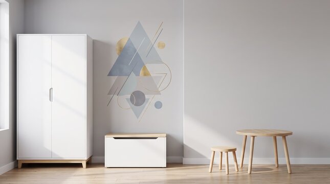 Minimalist interior design of empty living room with white wardrobe, wooden stool and table, geometric wall decal decoration, bright natural lighting, clean Scandinavian style furniture arrangement.,