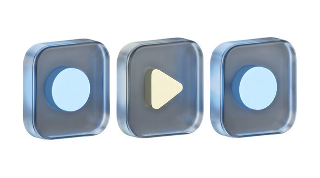 Three glass media control icons with play and record symbols