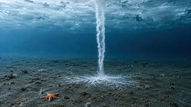 Underwater whirlpool descending toward sandy ocean floor with orange starfish and sunlight filtering through clear blue seawater