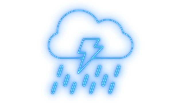Glowing neon thunderstorm cloud with lightning and rain icon isolated on transparent background. Weather forecast. Rain shower. Stormy night sign. Bolt