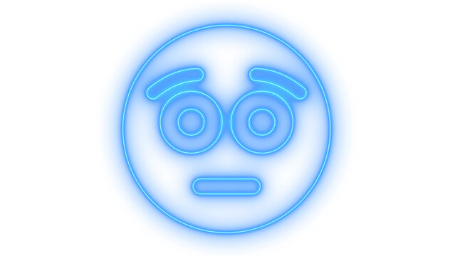 Flushed and embarrassed emoji emoticon with wide staring eyes and straight mouth line designed as a colorful neon icon isolated on transparent background