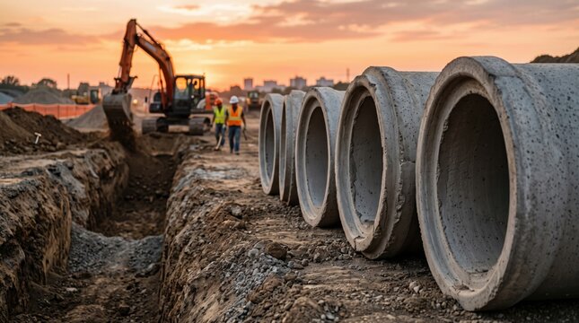 Large concrete culvert pipes lined up along an open trench at a construction site with an excavator and workers in safety vests during a golden sunset sky
