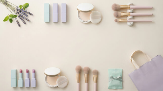 Lavender and Pastel Makeup Collection: A serene flat lay showcasing a collection of pastel-hued makeup products, including brushes, powders, and lipsticks.