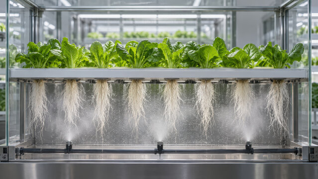 Hydroponic lettuce growing in glass greenhouse with exposed roots and sustainable indoor agriculture technology