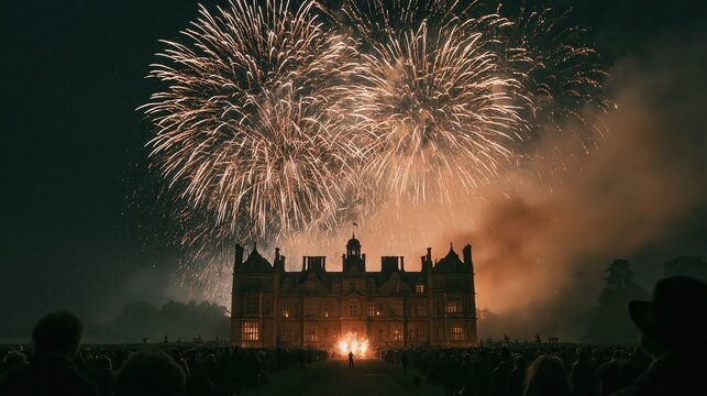 Fireworks exploding above a grand historic manor during a nighttime celebration with a crowd watching