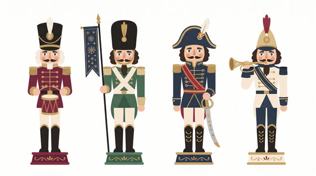 Four decorative nutcracker soldier figurines standing in a row on white