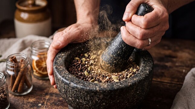Preparing aromatic Ayurvedic herbal remedy in marble mortar and pestle on kitchen table