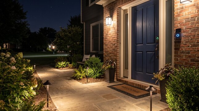 Charming illuminated front walkway and blue front door of a suburban brick home at night with warm landscape lighting