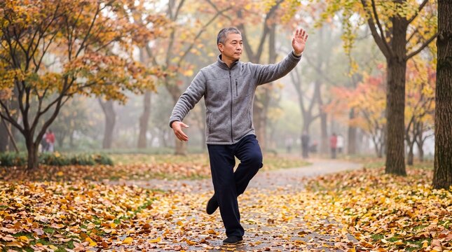 Mature Asian man in fleece jacket practicing graceful tai chi movements in misty autumn park