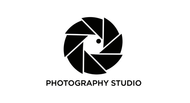 Minimalist camera lens aperture logo design, modern photography studio emblem vector template, professional camera shutter icon for creative photo studio branding