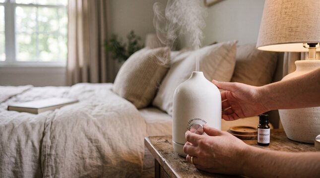 Close-up of hands adjusting ceramic ultrasonic aromatherapy diffuser with steam