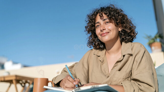 Daydreaming While Writing: A young woman with curly hair sits outdoors, holding a pen and notebook, looking up with a thoughtful smile, bathed in bright sunlight. independent living, work-life balance