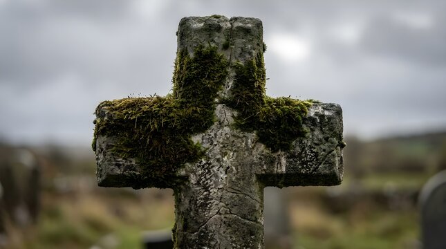Weathered Stone Calvary Cross Covered in Moss