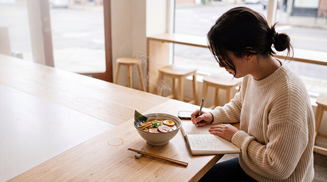 A Moment of Reflection: A young woman with her hair in a bun, wearing a cream-colored sweater, sits at a long wooden table in a brightly lit cafe. independent living, work-life balance, slow living