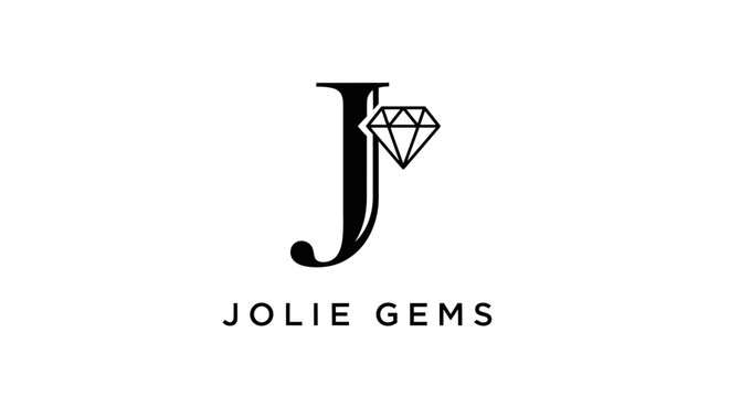 Elegant Letter J Diamond Logo for Jolie Gems, Luxury Jewelry Brand Identity Vector, Minimalist Black and White Gemstone Typography, Sophisticated Diamond Icon for Premium Boutique Branding Assets