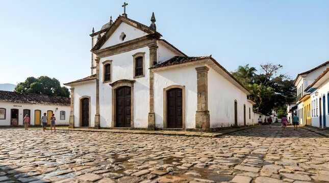 Whitewashed Colonial Church on Cobblestone Square in Paraty