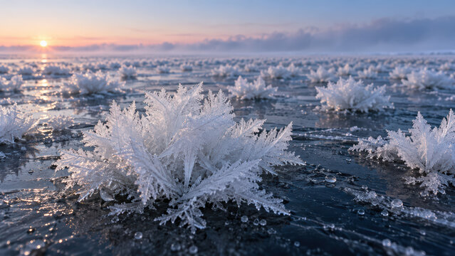 Frost crystal formation on frozen lake glows beneath pastel sunrise, creating serene winter landscape with delicate ice texture and reflection