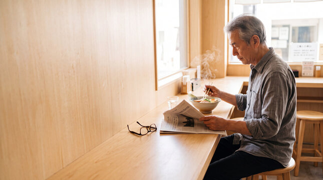 Morning Ritual: An elderly Asian man enjoys a quiet breakfast and reads the morning newspaper by the window, olo living, independent living, work-life balance, slow living