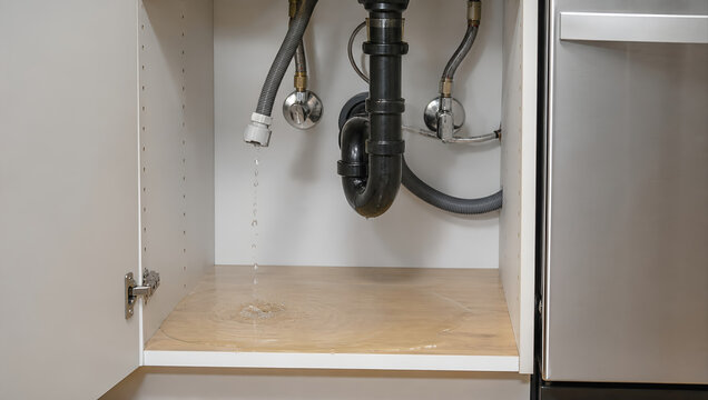 Dishwasher hose leak under kitchen sink causing water damage and plumbing repair concern in home cabinet